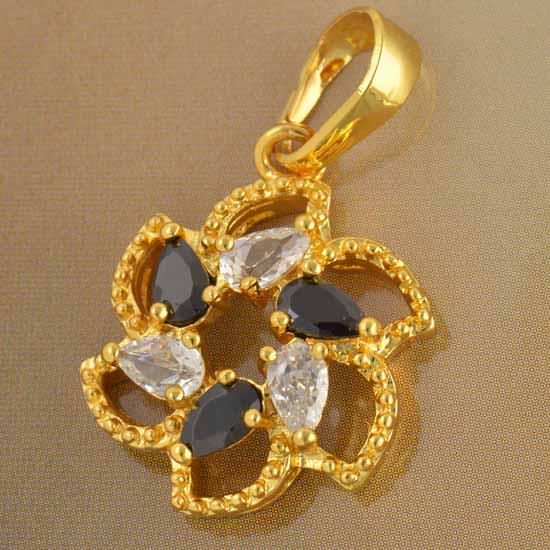 9K Solid Gold Filled Black & Clear CZ Flower Pendant